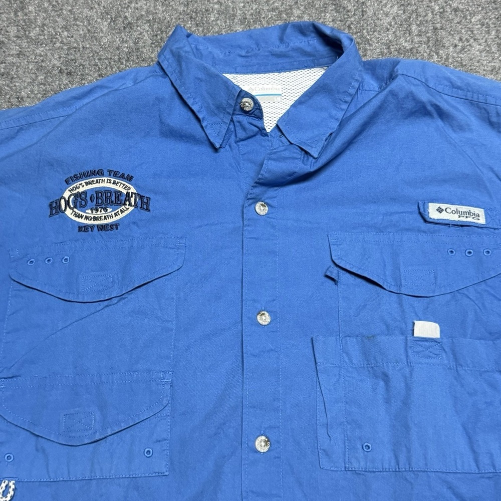 Columbia PFG Fishing Shirt Mens Large Blue Hogs Breath Saloon Key West